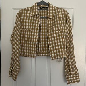 Zara Tan and White Checkered Cropped Jacket